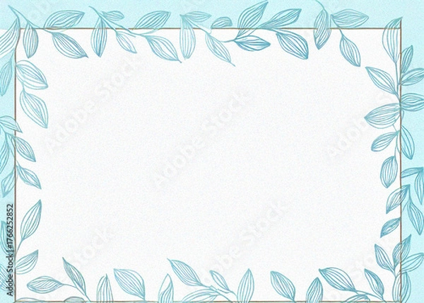 Fototapeta minimal pastel blue document frame with botanical leaf border, clean white center, flat design, elegant decorative line art leaves, soft gradient background