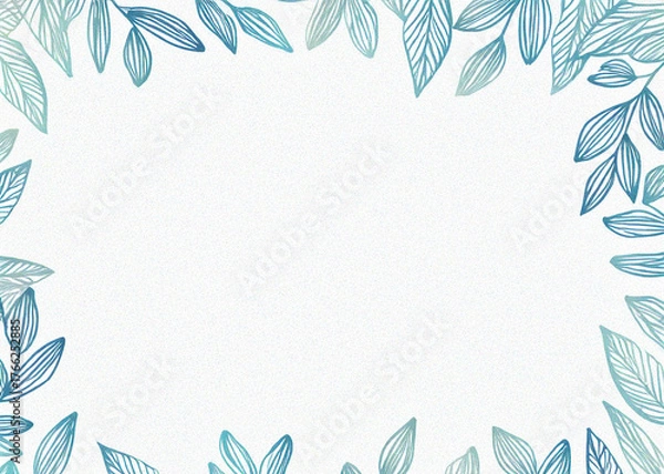 Fototapeta minimal pastel blue document frame with botanical leaf border, clean white center, flat design, elegant decorative line art leaves, soft gradient background