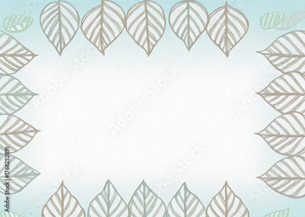 Fototapeta minimal pastel blue document frame with botanical leaf border, clean white center, flat design, elegant decorative line art leaves, soft gradient background