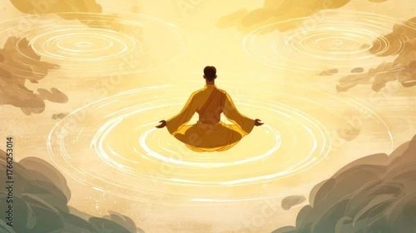 Fototapeta Meditating figure in calm waters with golden light and atmospheric clouds