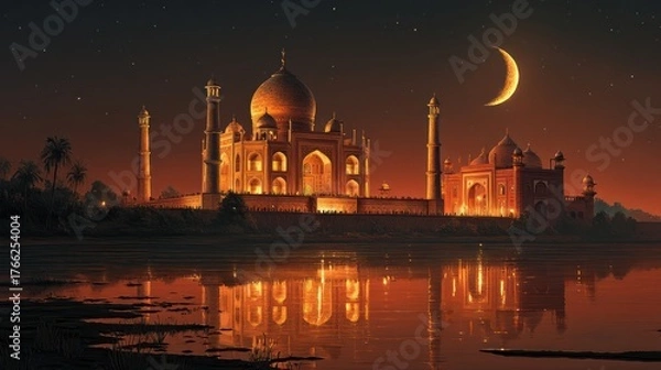 Obraz Taj mahal illuminated at dusk with crescent moon and reflecting water