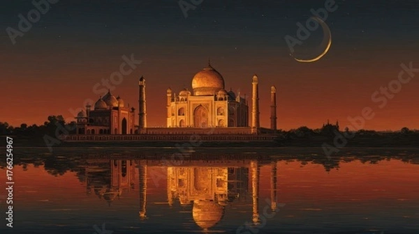 Fototapeta Majestic white building silhouetted at dusk reflecting on still waters