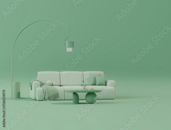 Obraz Interior of the room in plain monochrome pastel blue color with furnitures and room accessories. Light background with copy space. 3D rendering for web page, presentation or picture frame backgrounds.