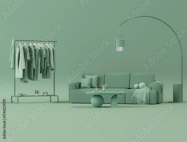 Obraz Clothes hanging on a rack, fitting room on green background. Creative composition. Light background with copy space. 3D render for web page, studio, store fashion	
