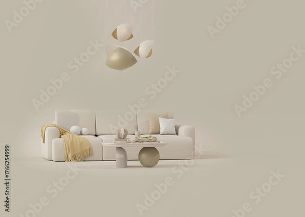 Obraz Minimalist interior design of modern living room with armchair, side table, plants and creative home accessories. 3d render	