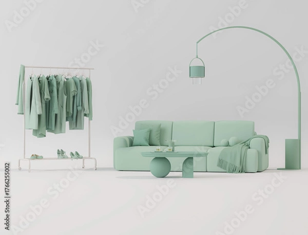 Obraz Clothes hanging on a rack, fitting room on green background. Creative composition. Light background with copy space. 3D render for web page, studio, store fashion	
