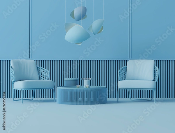 Obraz Creative interior design in green blue studio with lamp and two armchair. 3D rendering for web page. Creative composition. Sale concept	