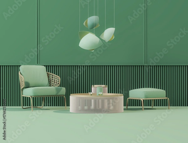 Obraz Creative interior design in green blue studio with lamp and two armchair. 3D rendering for web page. Creative composition. Sale concept	