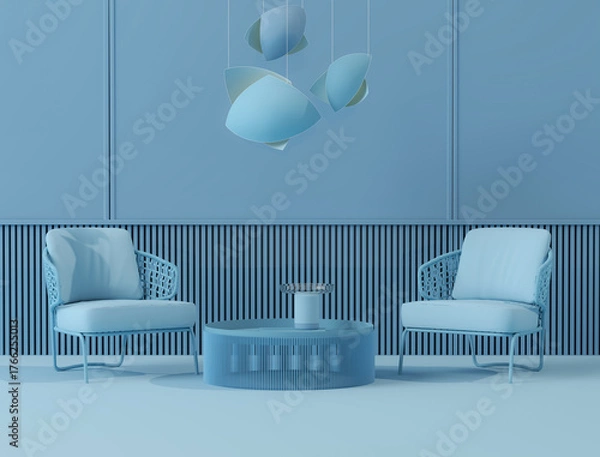 Obraz Creative interior design in green blue studio with lamp and two armchair. 3D rendering for web page. Creative composition. Sale concept	