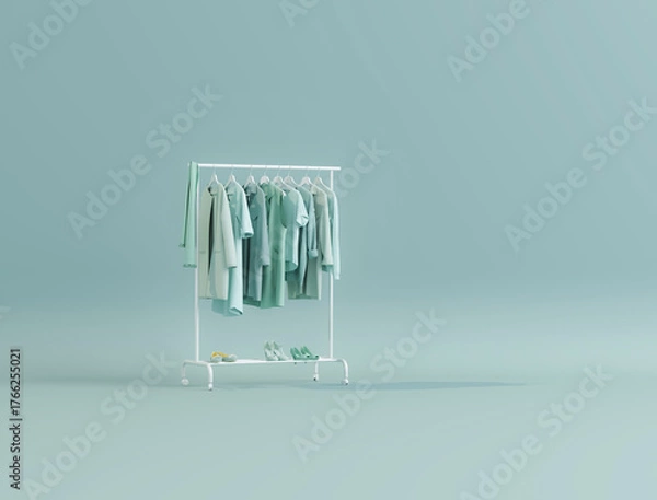 Obraz Clothes hanging on a rack, fitting room on green background. Creative composition. Light background with copy space. 3D render for web page, studio, store fashion	
