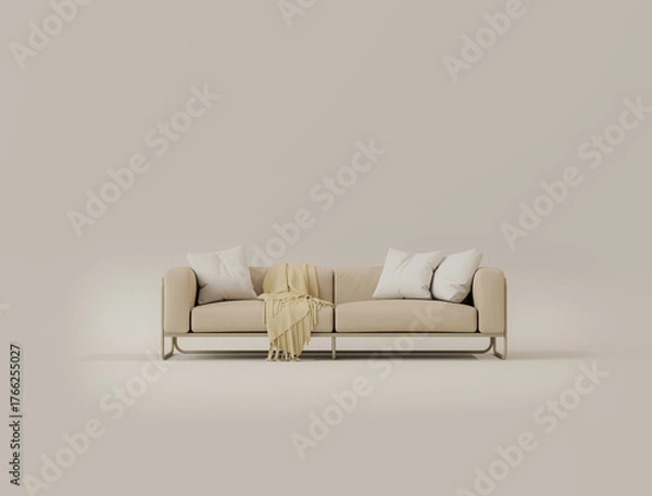 Obraz Minimalist interior design of modern living room with armchair, side table, plants and creative home accessories. 3d render	