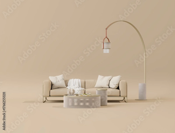 Obraz Minimalist interior design of modern living room with armchair, side table, plants and creative home accessories. 3d render	