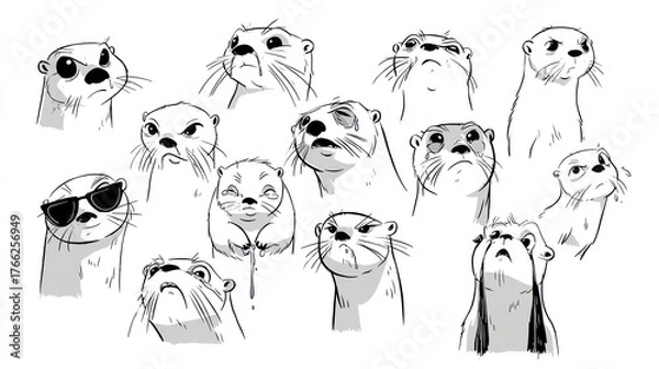 Fototapeta Cartoon otters with expressive faces in black and white illustration