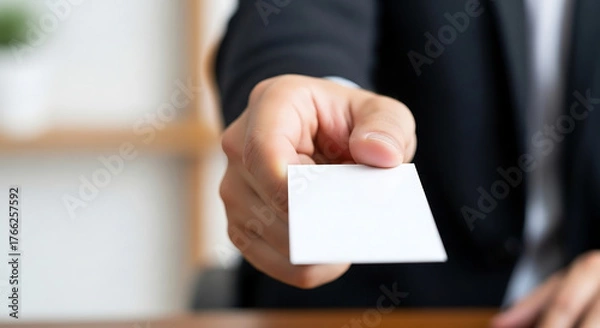 Fototapeta Close up of a businessmans hand extending a blank white business card forward.