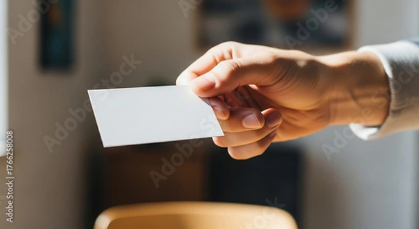Obraz Close up of a hand holding a blank white business card 1.