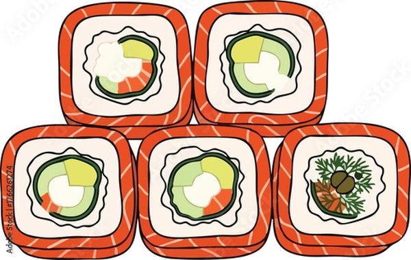 Fototapeta Illustration of five pieces of sushi roll with salmon and avocado.