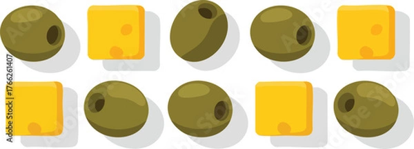 Fototapeta Olives and cheese cubes arranged in two rows on a white background.