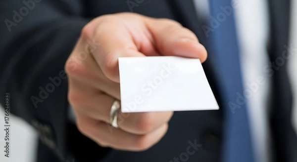 Obraz Close up of a hand holding out a blank business card.