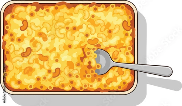 Fototapeta Illustration of a casserole dish filled with macaroni and cheese with a spoon.