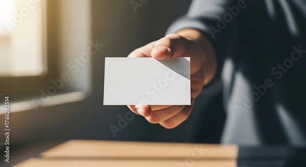 Fototapeta Closeup of a hand holding out a blank white business card 1.
