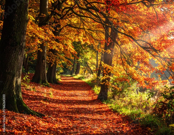 Fototapeta A stunning and real scene of a pathway through the woods at the peak of autumn, with golden sunlight filtering through vibrant trees