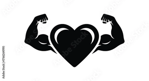 Obraz Strong heart silhouette with flexing biceps representing health strength and fitness silhouette