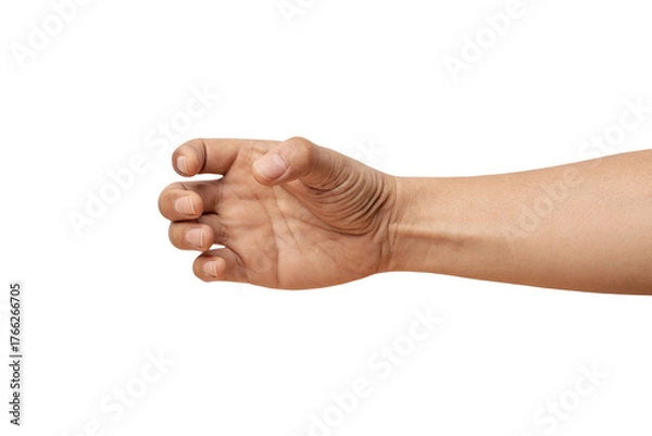 Fototapeta man hand holding something like a bottle on white background