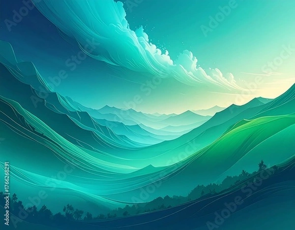 Obraz Abstract painting of rolling hills, a vivid sky, and majestic peaks