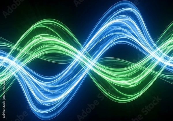 Fototapeta Abstract blue and green light waves intertwined symbolizing energy and flow