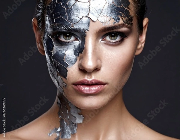 Obraz A woman's face with silver metallic textured makeup