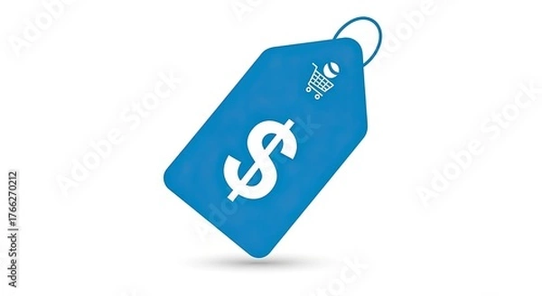 Obraz Dynamic blue price tag icon featuring a dollar sign and shopping cart, symbolizing retail sales, discounts, and e-commerce success.