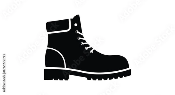 Fototapeta Black silhouette of a sturdy work boot with white laces and sole details on a white background