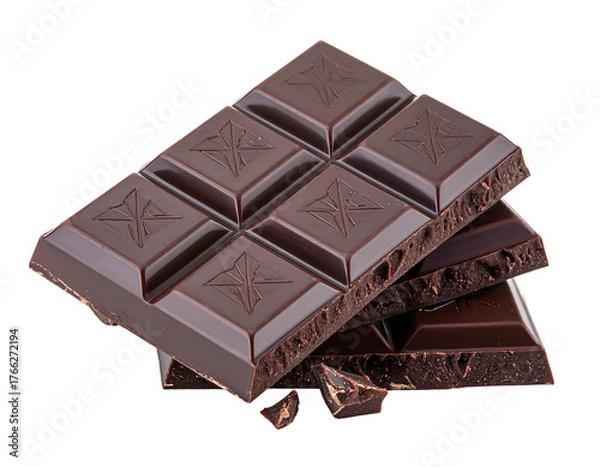 Fototapeta Stacked dark chocolate bar pieces with star patterns on squares, and broken fragments, against a black background