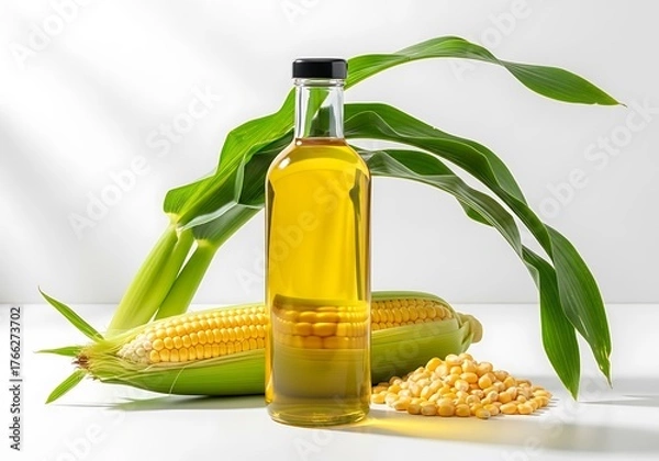 Fototapeta Golden corn oil bottle with fresh corn cobs and kernels for healthy cooking