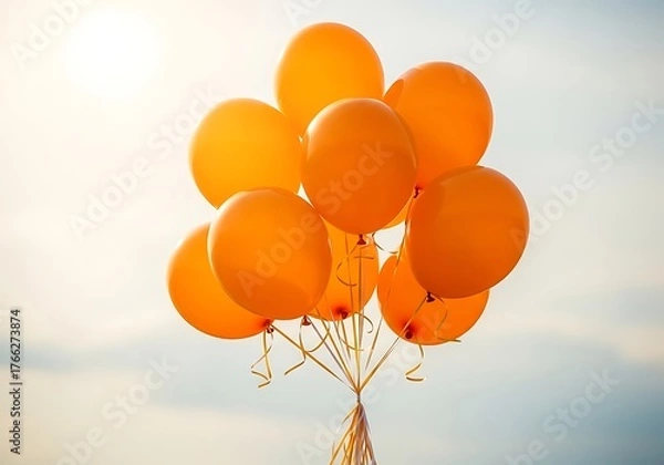 Fototapeta A cluster of vibrant orange balloons float against a softly blurred bright background