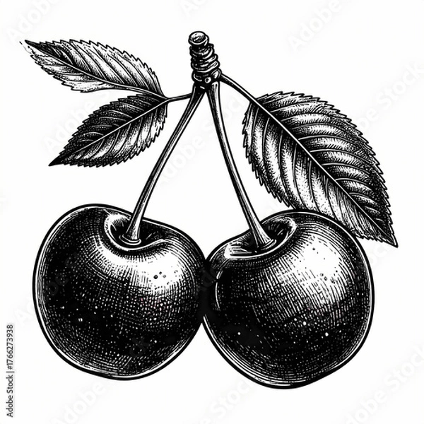 Fototapeta Two cherries hang from a stem with leaves in a black ink hand-drawn vintage engraving style.