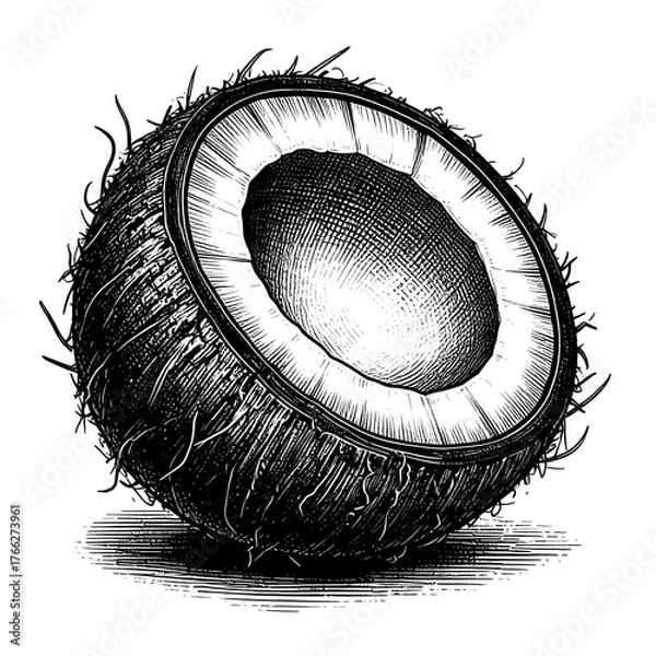 Fototapeta Detailed engraving of a halved coconut reveals its inner texture in an artistic style.