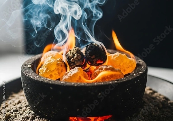 Fototapeta Burning incense bowl emitting fragrant smoke in a close-up shot