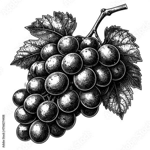 Fototapeta Hand-drawn grape bunch with leaves in vintage engraving style with transparent background.