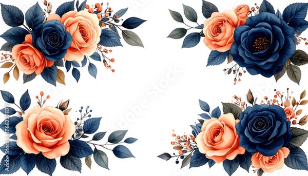 Fototapeta Vivid floral corners deep blue roses meet vibrant peach blossoms against a stark black backdrop