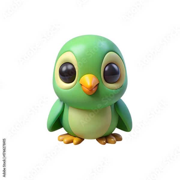 Obraz Adorable 3D Cartoon Green Bird with Big Eyes and Yellow Beak Isolated on White Background, Perfect for Children's Illustrations, Nature Themed Designs, and Educational Resources