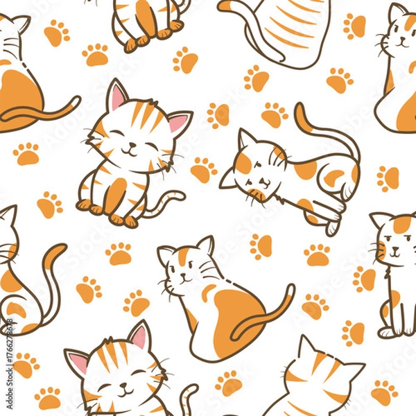 Fototapeta A Delightful Seamless Pattern Showcasing Cute Orange And White Cartoon Cats With Small Paw Prints