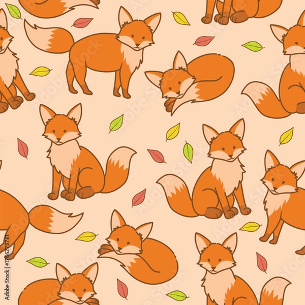 Fototapeta Cheerful Cartoon Fox Pattern Displays Playful Orange Creatures And Colorful Leaves On A Peach