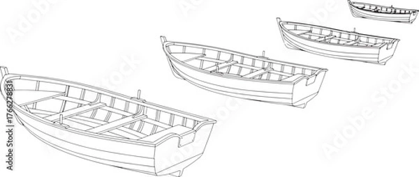 Fototapeta Minimal black outline rowboats vector illustration isolated on white background, simple art