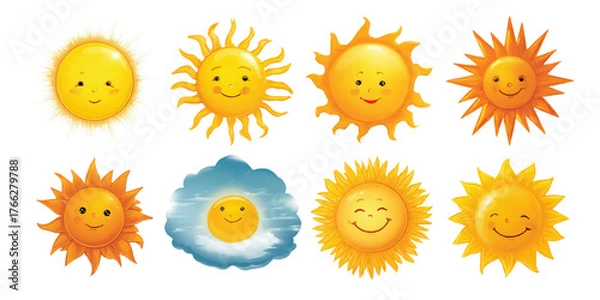 Fototapeta Set of diverse cute cartoon sun characters with various expressions and styles