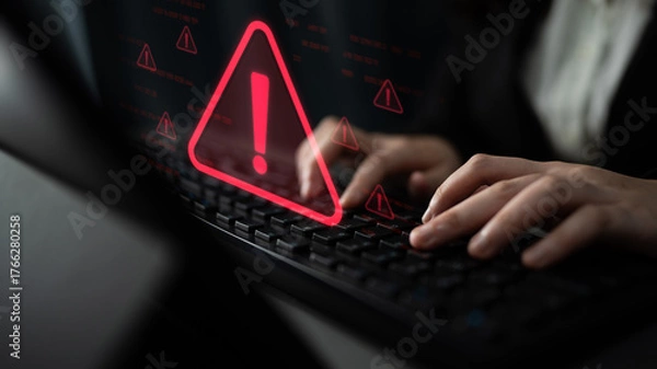 Fototapeta Cybersecurity alert warning showing red cyber for data breach, network threat, and cyber security system vulnerability with emphasis on security risk, caution, digital protection Latch
