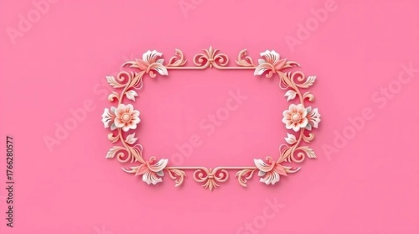 Obraz Elegant Floral 3D Frame with Golden Leaves and Pink Flowers – Decorative Border Design for Invitations, Greeting Cards, and Posters