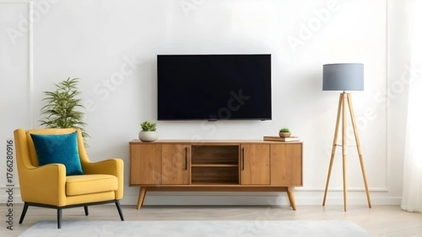 Fototapeta Modern living room setup featuring a large flatscreen tv mounted above a wooden media cabinet, complemented by a stylish armchair with yellow and blue cushions and a tripod lamp.