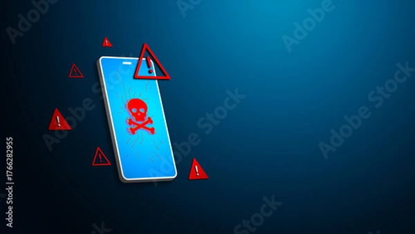 Fototapeta Smartphone cybersecurity alert with malware warning symbol, virus infection danger, red skull icon and exclamation signs on blue background