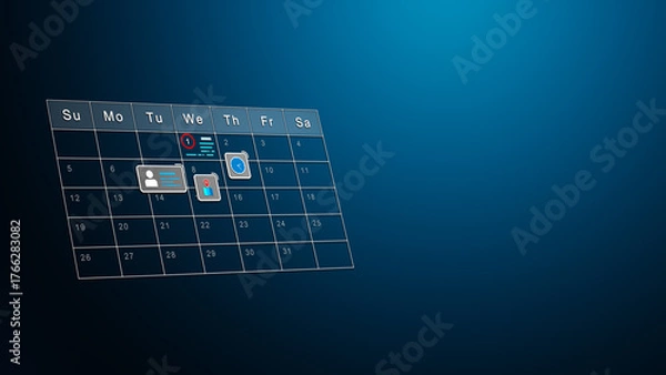 Obraz Calendar with Icon Overlays Representing Identity, Location and Clock on Blue Background. Smart Scheduling Concept Illustration